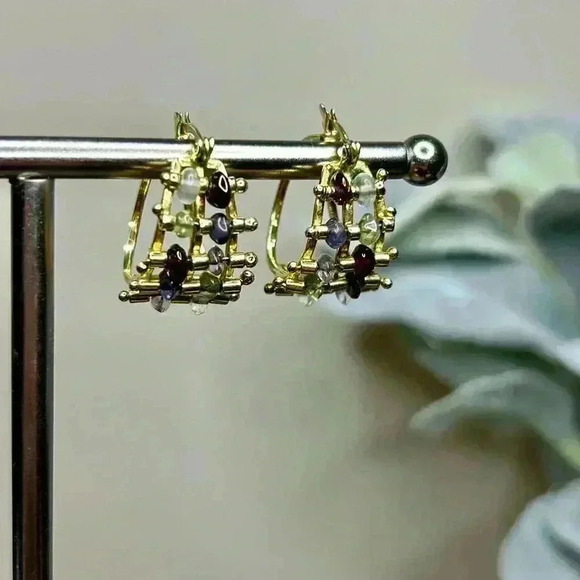 Gold Tone Stone Gem Hoop Earrings - Picture 1 of 3